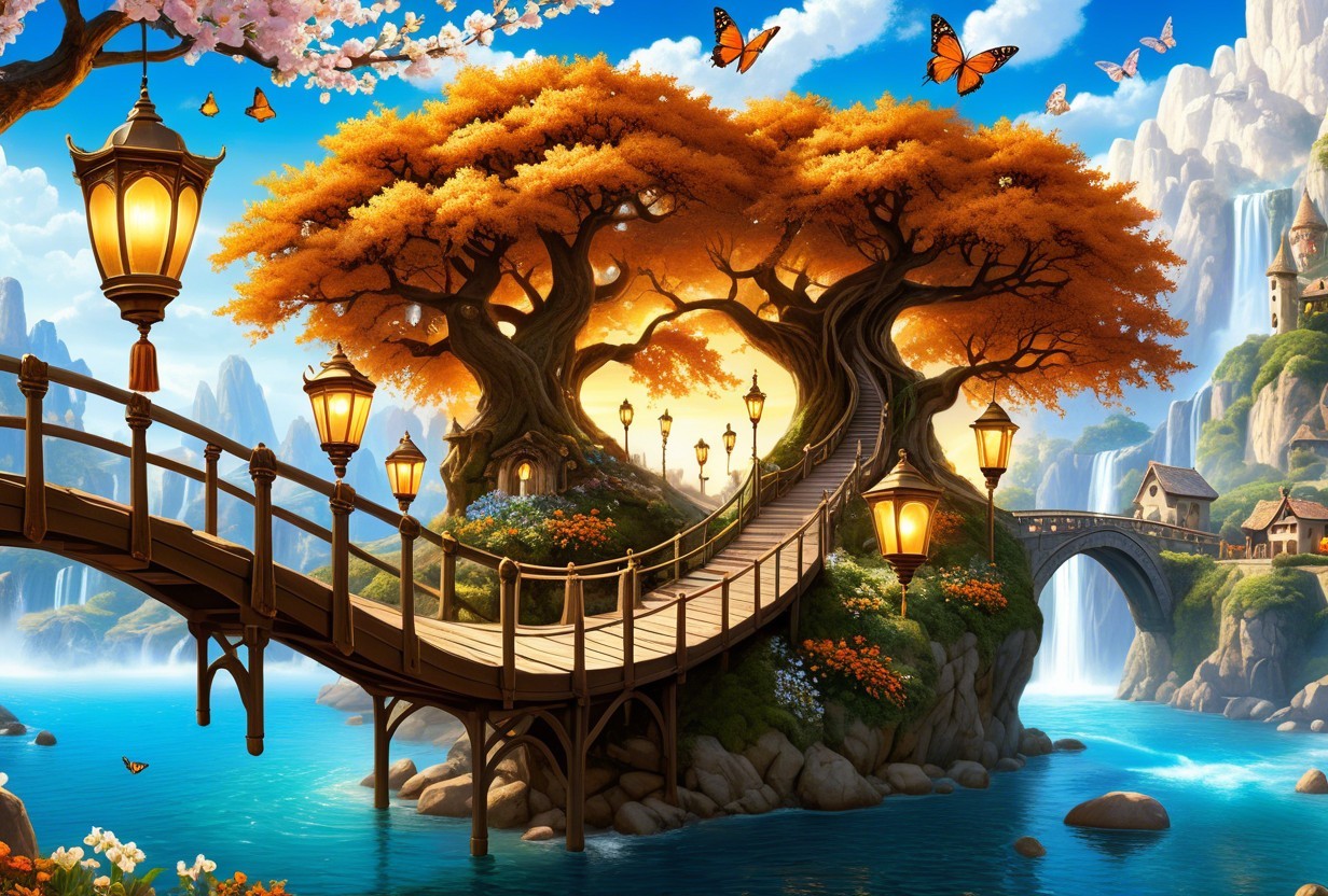 Serene landscape with orange trees and sunset backdrop