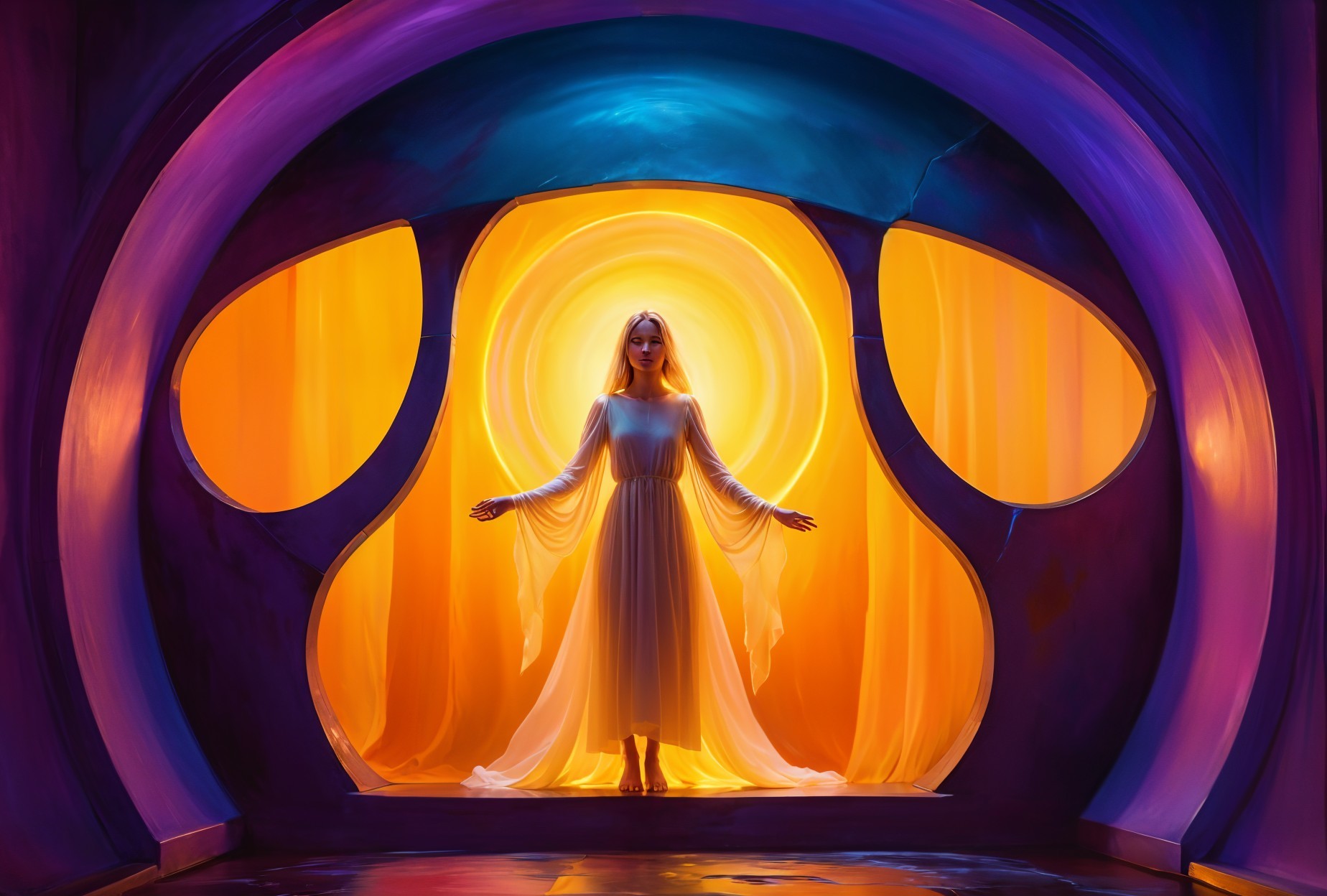 Ethereal figure in vibrant, mystical circular space