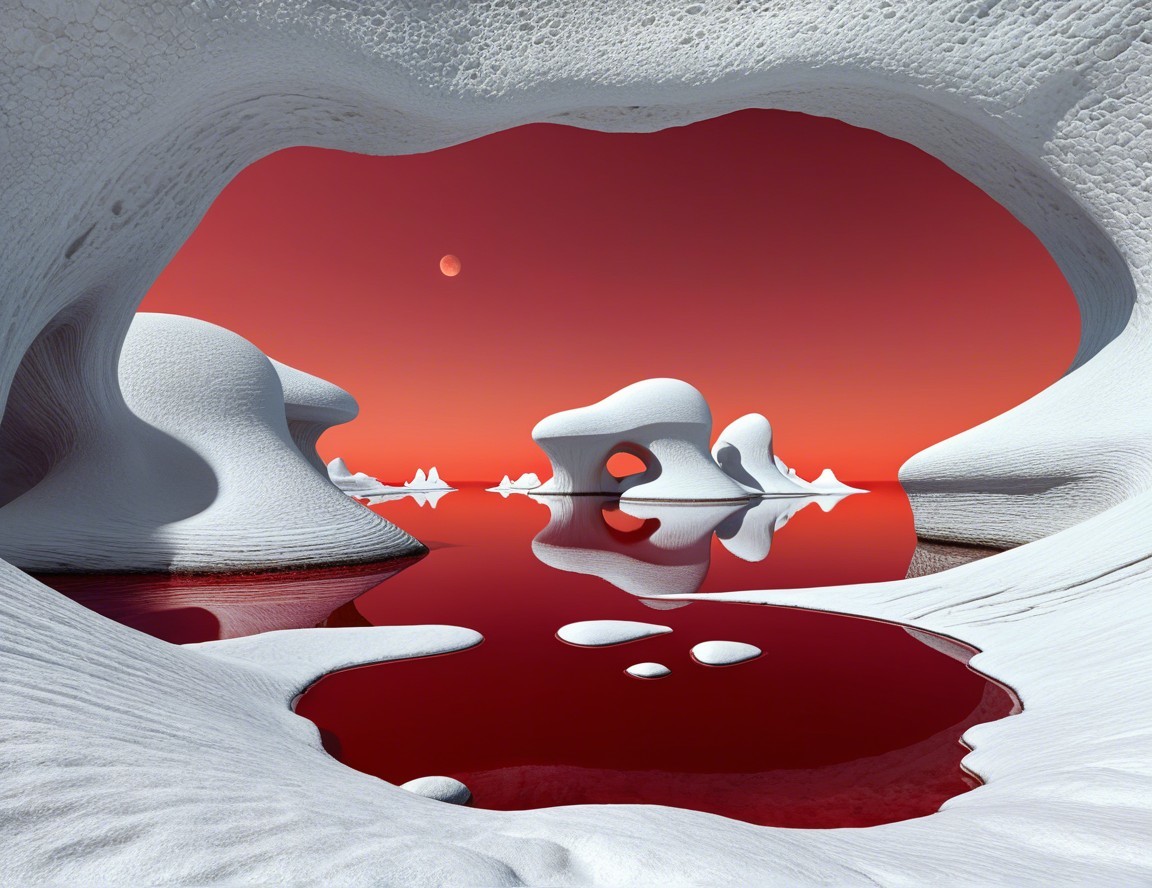 Surreal Landscape with Red Water and Snow Formations