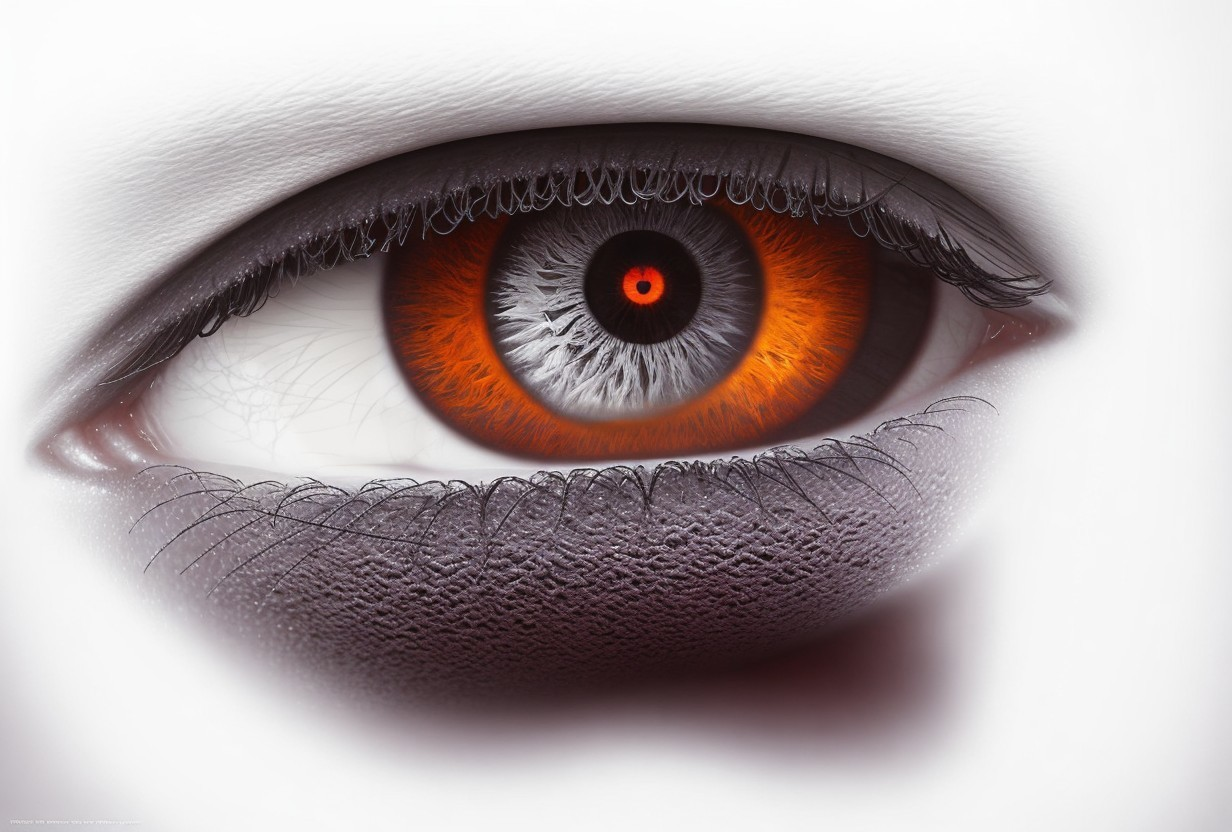 Close-up of a human eye with orange iris and pupil