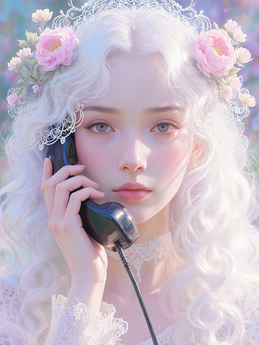 Young woman with white hair and vintage telephone