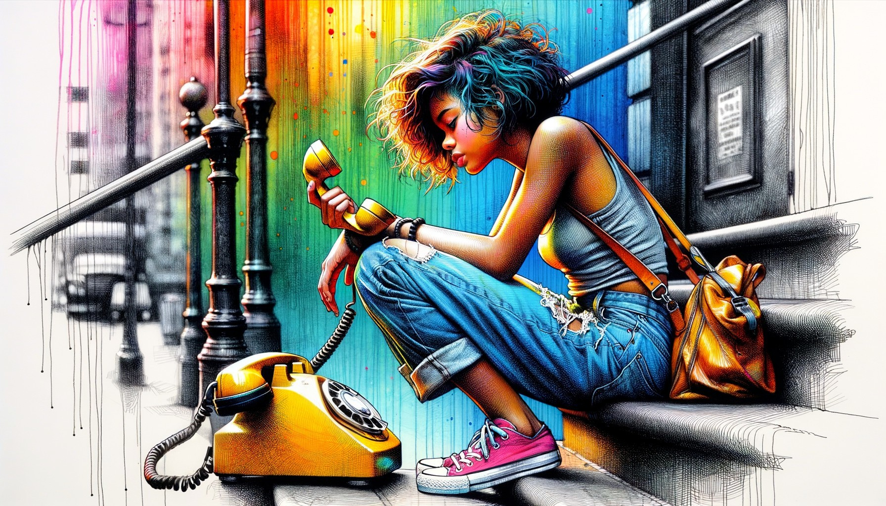 Vibrant Artwork of Woman with Rotary Phone on Steps