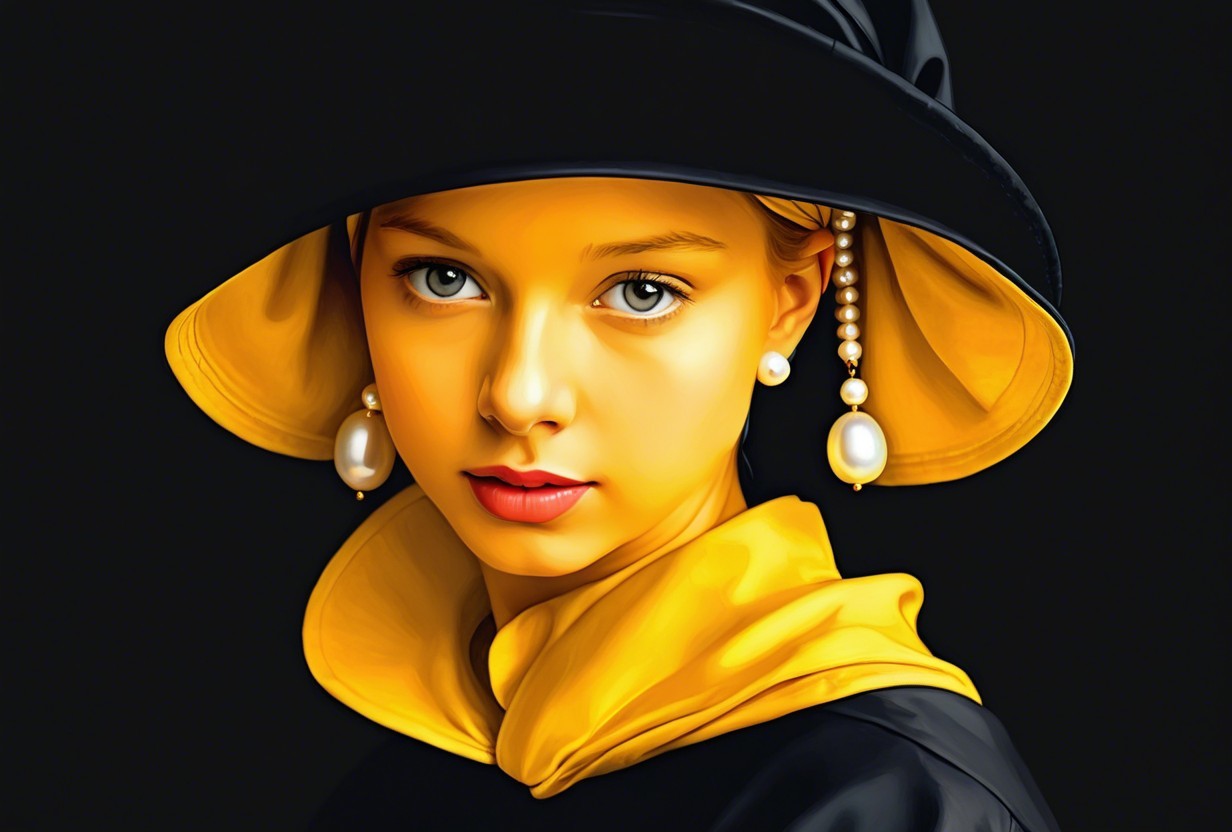 Young girl with blue eyes in black hat and yellow scarf