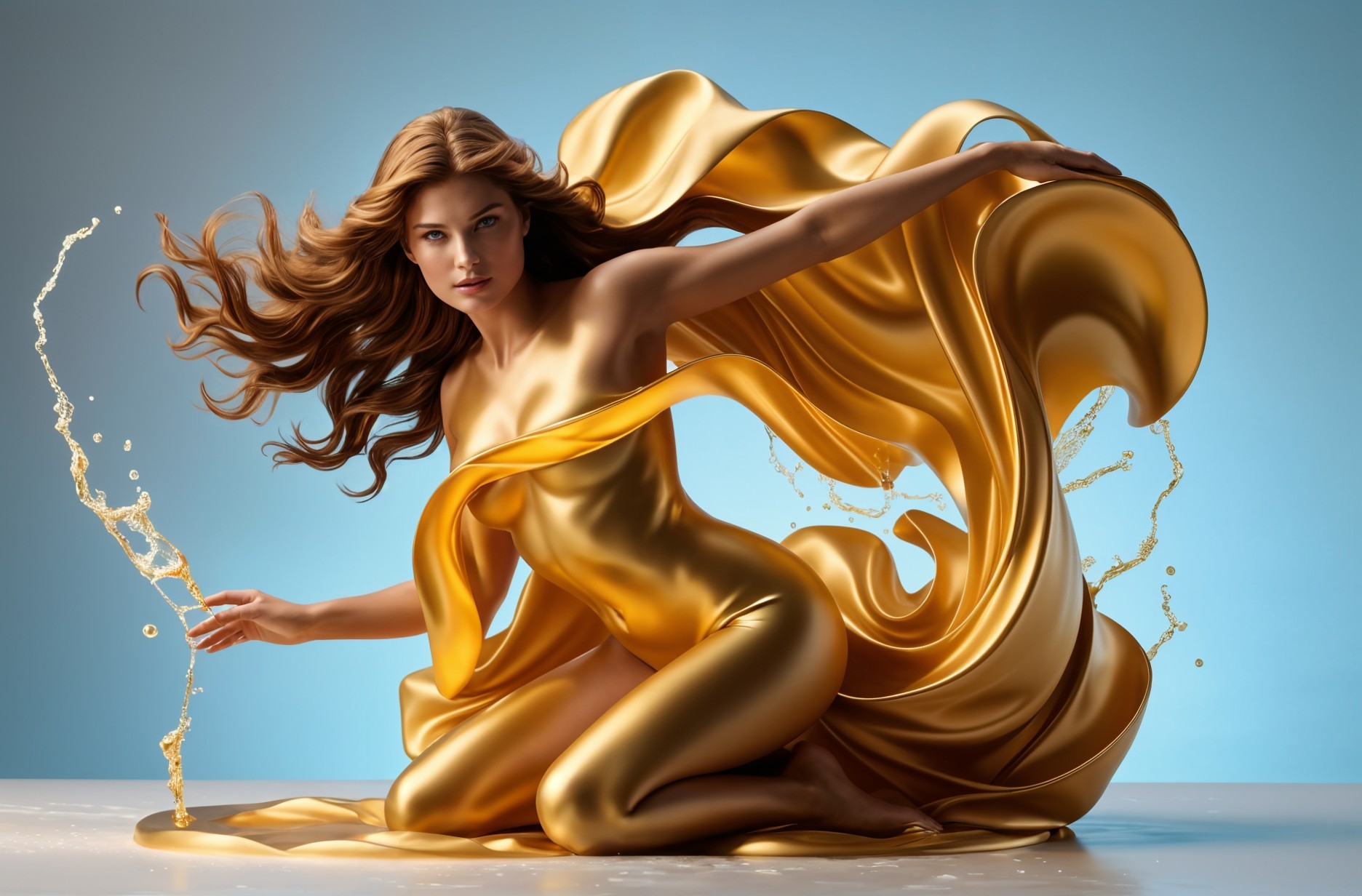 Dynamic Composition of Golden Fabric and Blue Backdrop