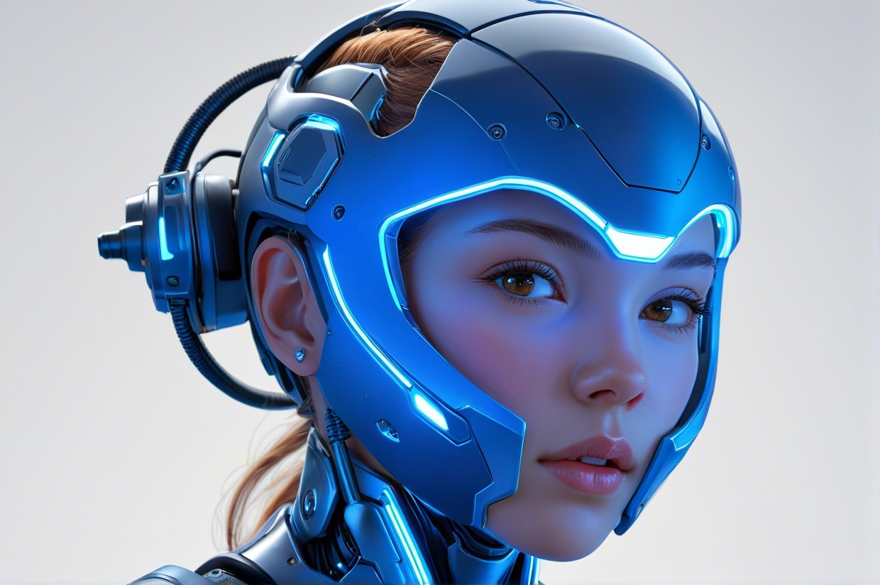 Futuristic Female Robot with Metallic Helmet Design