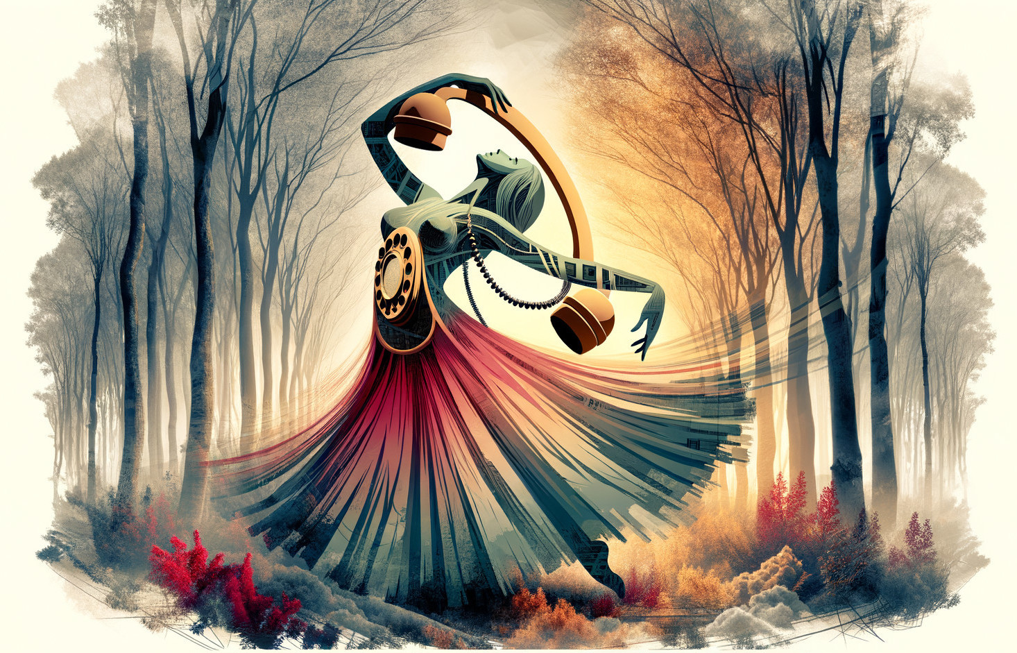 Surreal illustration: figure with film reel head in colorful dress blends into forest.