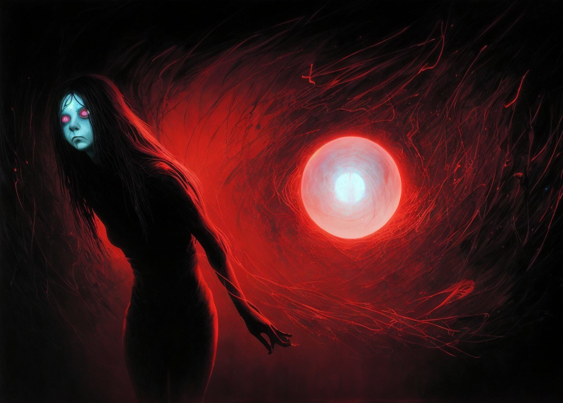 Haunting Figure with Glowing Eyes in Dark Atmosphere