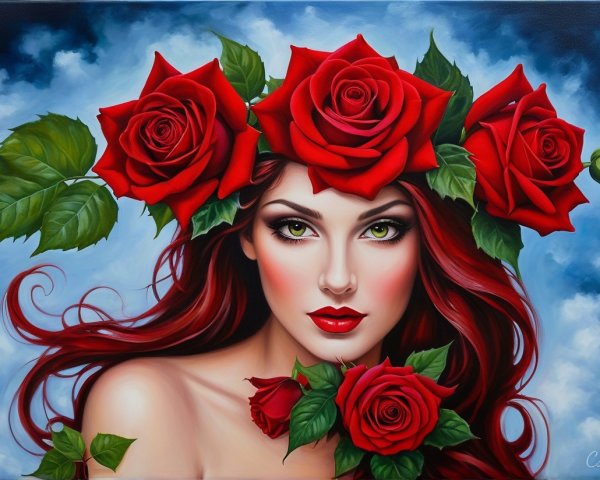 Portrait of a Woman with Red Hair and Roses