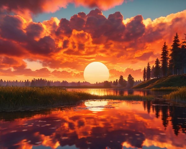 Vibrant Sunset Reflected in Calm Lake Landscape