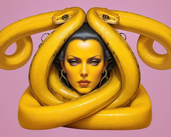 Portrait of a woman with yellow snakes and pink background