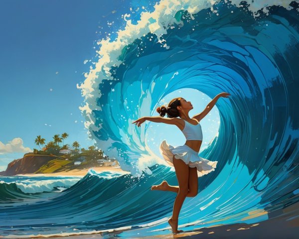 Young Woman Dancing by Turquoise Waves and Coastline