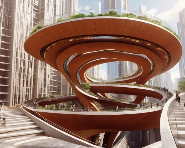 Futuristic Architectural Design with Wooden Walkways