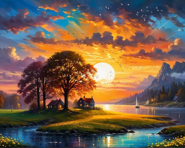 Serene Sunset Landscape with Houses and River