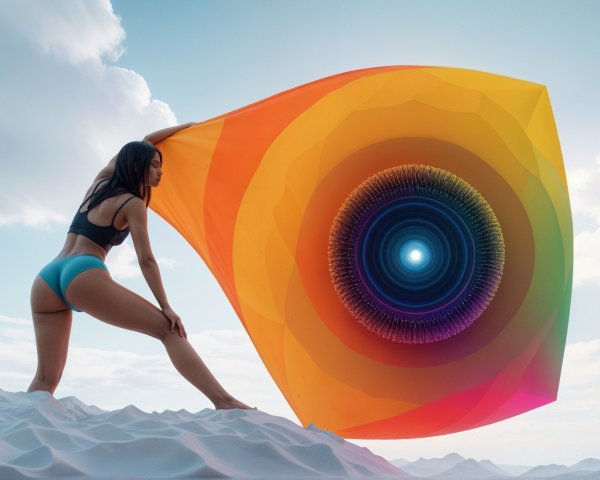 Woman in Sandy Landscape with Flowing Vibrant Fabric