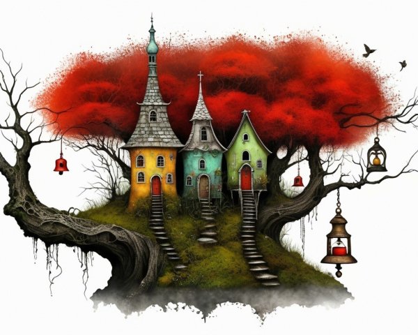 Fantasy Houses in a Twisted Tree with Lanterns
