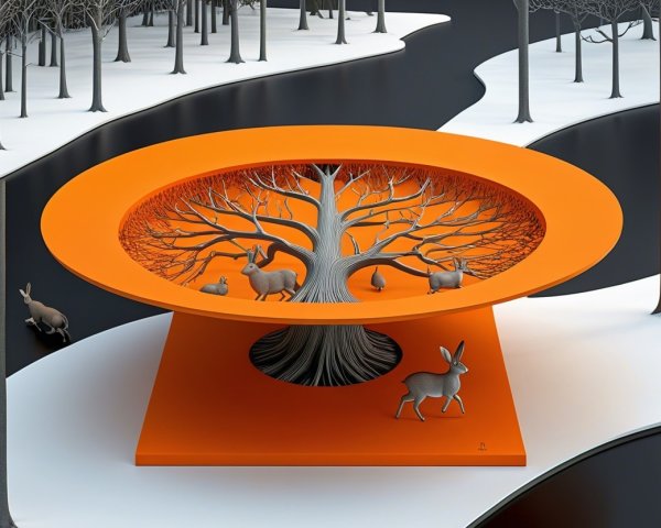 Surreal Landscape with Orange Platform and Sculpted Tree