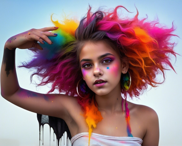 Young girl with multicolored hair and artistic makeup