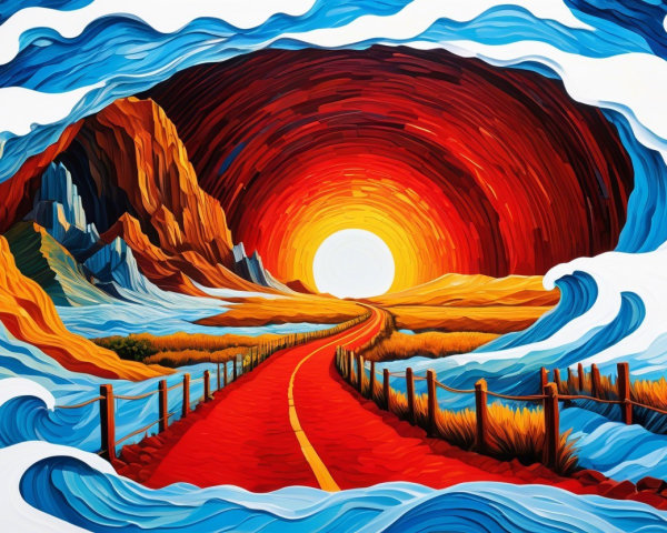 Vibrant Landscape with Winding Road and Sunset Sky