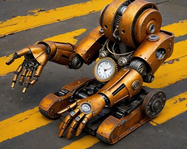 Steampunk Robot with Gears and Vintage Clock Design