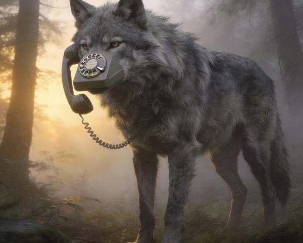 Majestic gray wolf with a rotary phone in foggy forest
