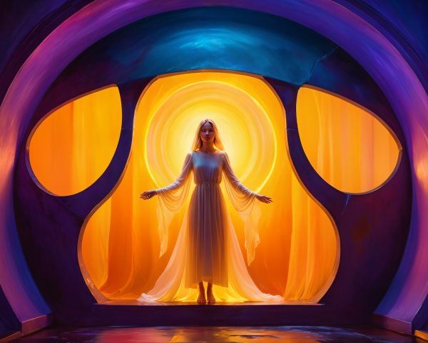 Ethereal figure in vibrant, mystical circular space
