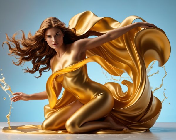 Dynamic Composition of Golden Fabric and Blue Backdrop