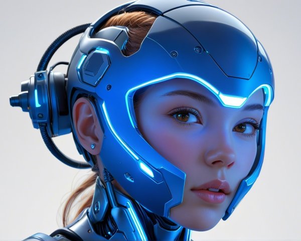 Futuristic Female Robot with Metallic Helmet Design