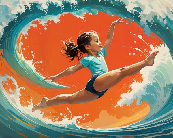 Child leaping through vibrant ocean waves at the beach