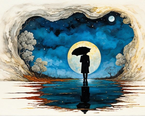 Solitary Figure Under Umbrella by Reflective Moon