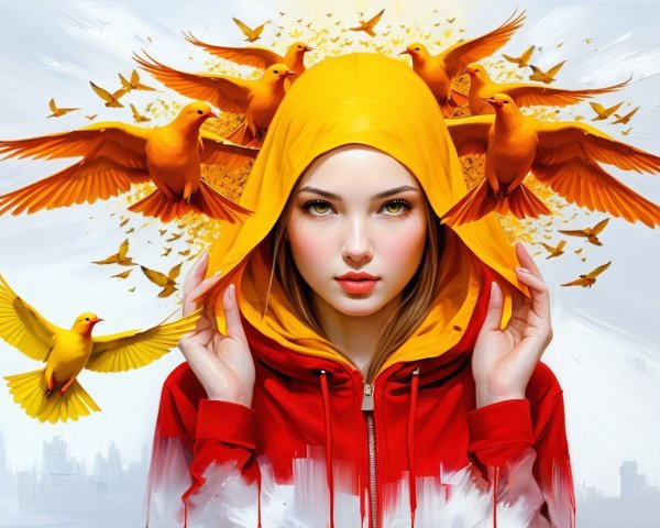 Portrait of a Young Woman in Yellow with Orange Birds