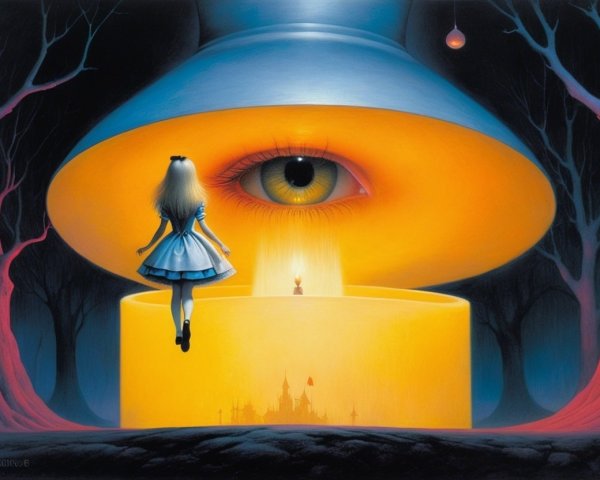 Surreal Scene of Girl and Giant Glowing Hat