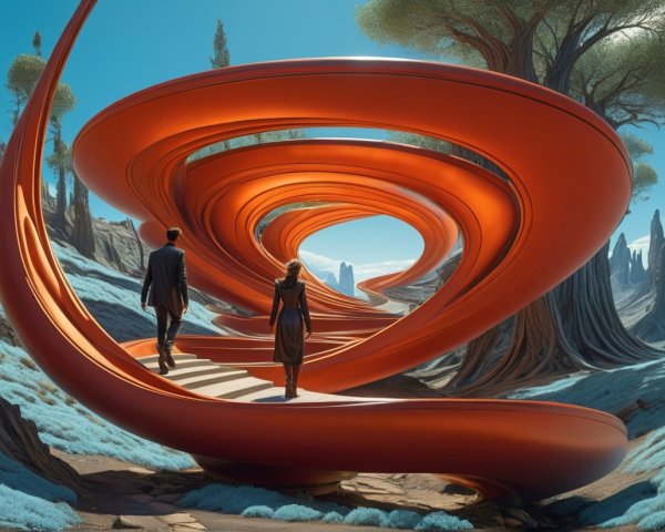 Surreal Landscape with Futuristic Pathway and Figures