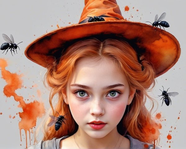 Young girl with orange hair in a witch's hat