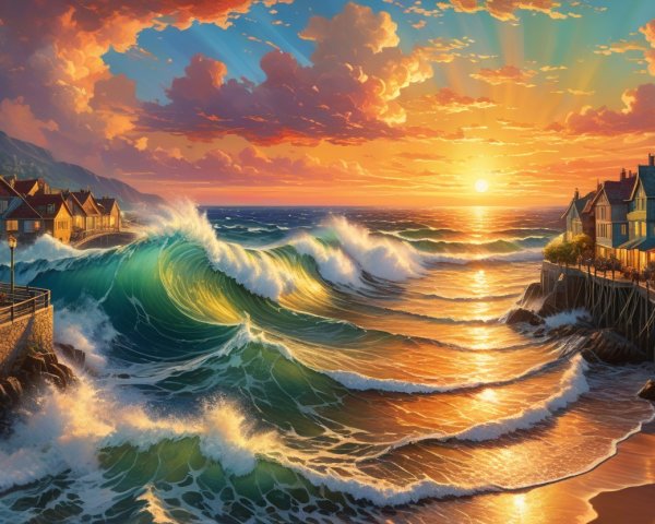 Vibrant Sunset Over Coastal Landscape with Charming Houses