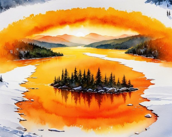 Serene Lake Landscape with Snowy Hills and Sunset