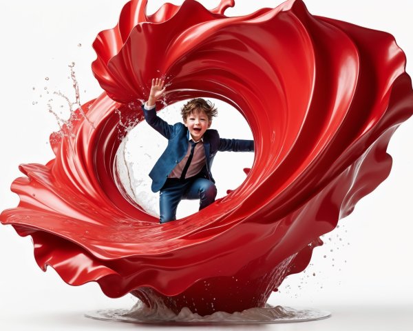 Joyful Boy in Suit Leaping Through Red Splash