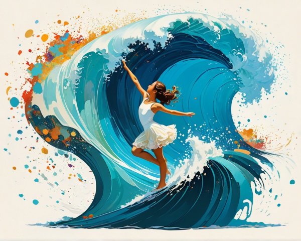Young girl in white dress balancing on vibrant wave