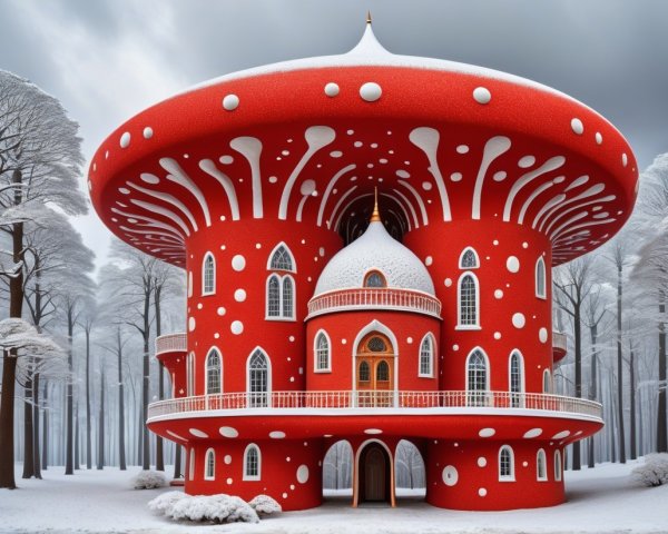 Whimsical Mushroom House in a Snowy Forest Setting