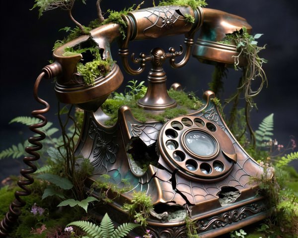 Ornate Distressed Steampunk Rotary Telephone with Moss