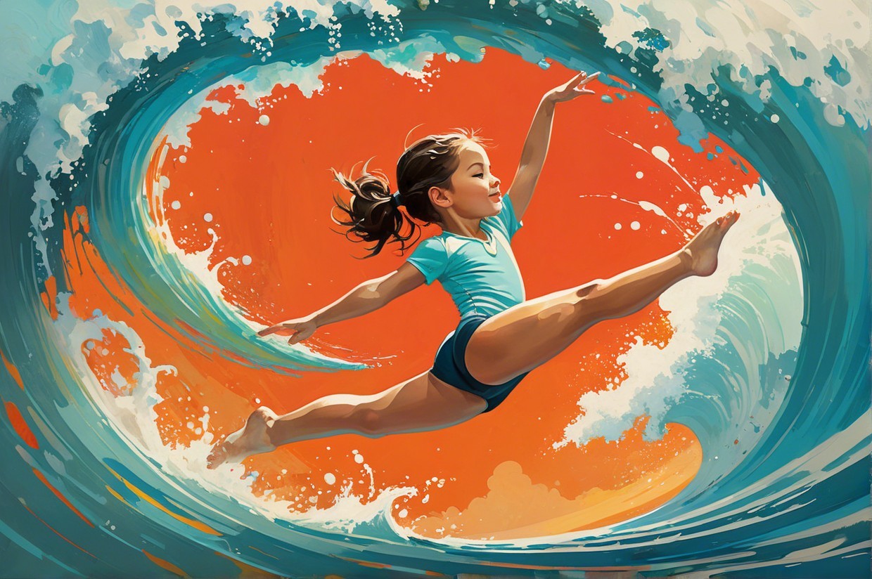 Child leaping through vibrant ocean waves at the beach