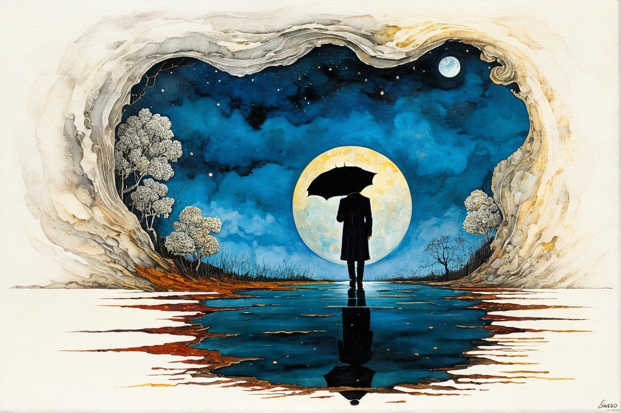Solitary Figure Under Umbrella by Reflective Moon