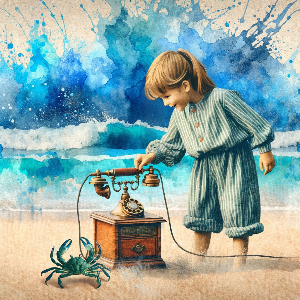 Young Girl in Striped Pajamas with Telephone by Ocean