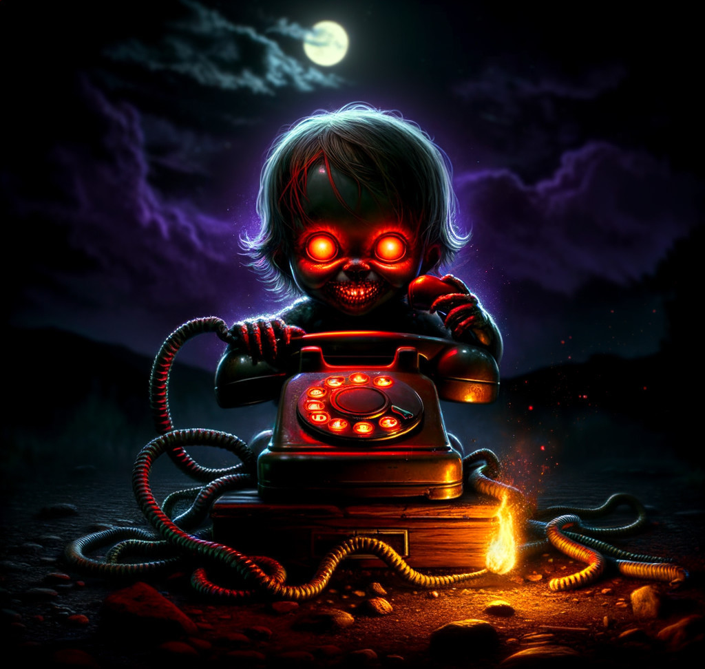 Creepy Animated Scene with Doll and Vintage Phone