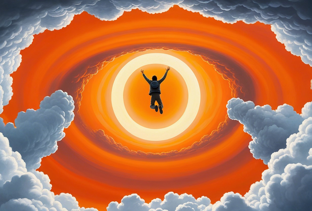 Joyful figure against a vibrant orange and gold sky