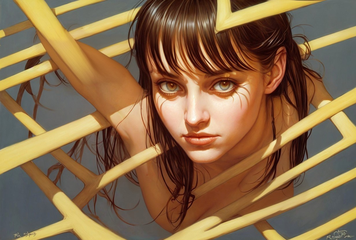 Close-up of a woman with expressive eyes and bamboo backdrop
