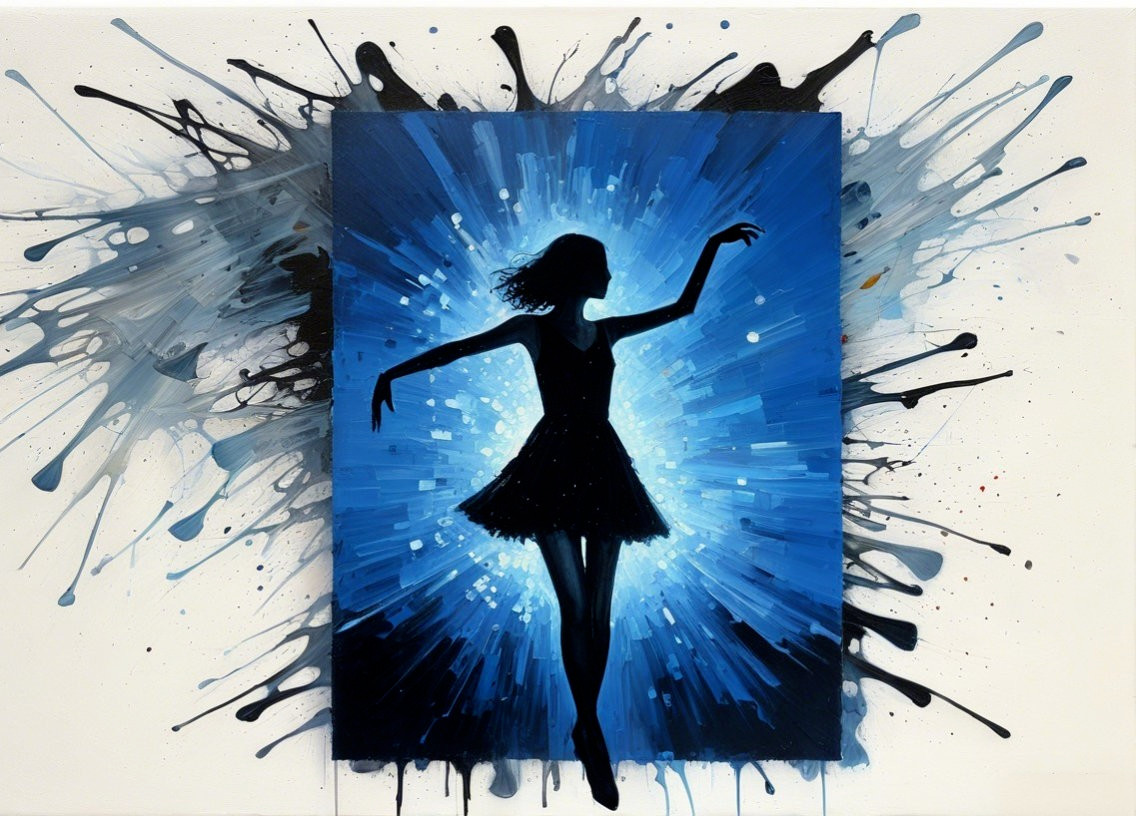 Silhouette of a dancer against vibrant abstract backdrop