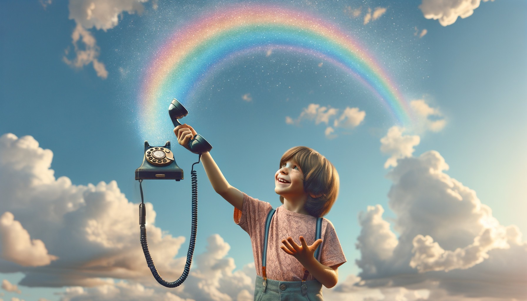 Child with vintage telephone under rainbow and blue skies