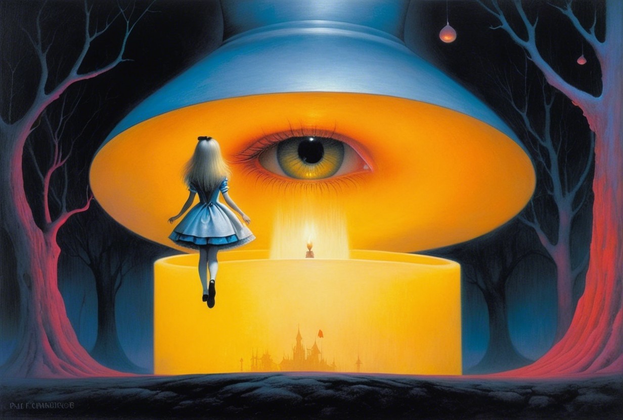 Surreal Scene of Girl and Giant Glowing Hat