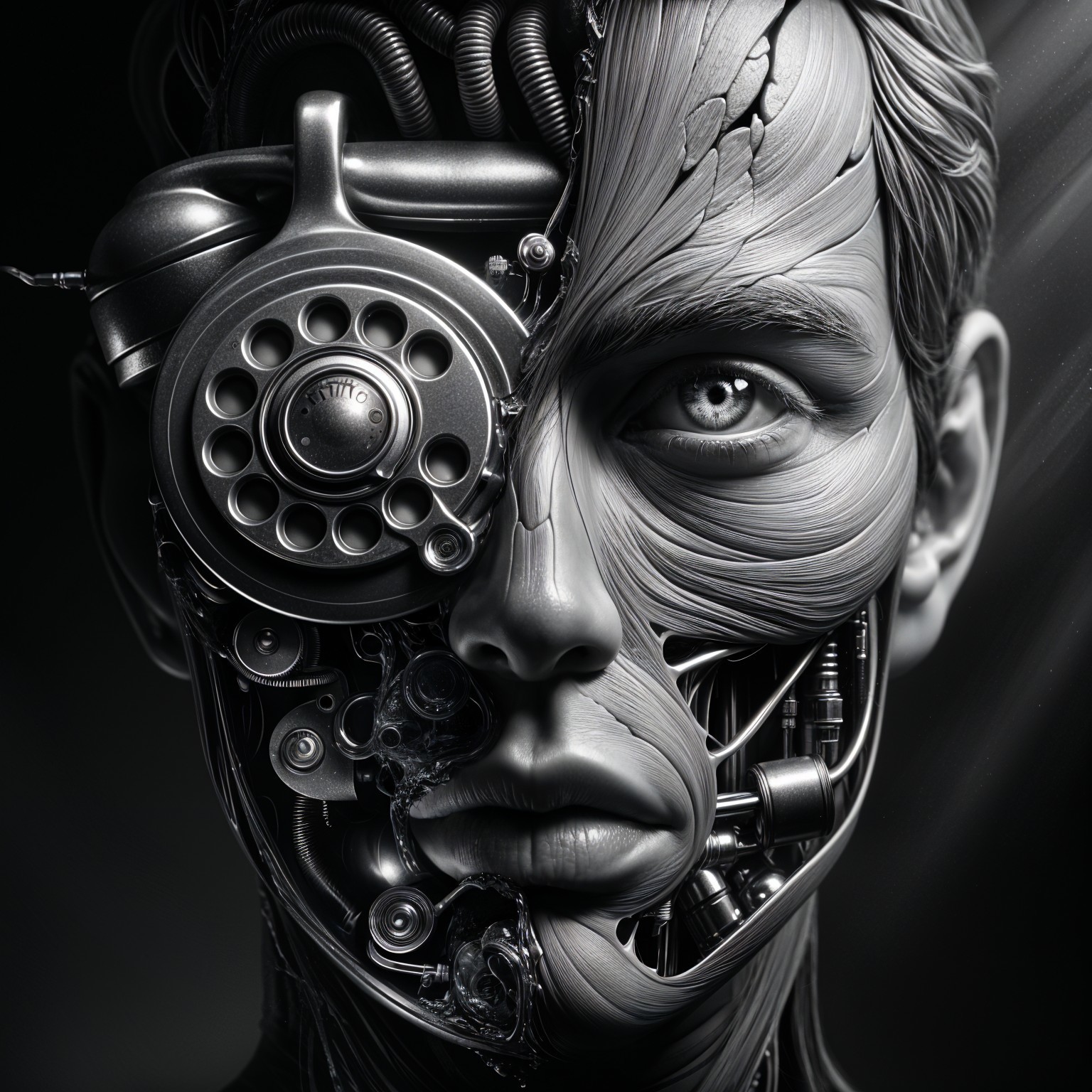 Hyper-realistic half-human, half-cybernetic face design