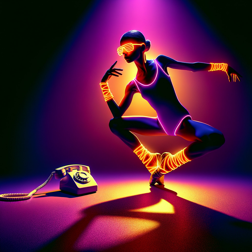 Futuristic Neon Scene with Stylish Figure and Rotary Phone